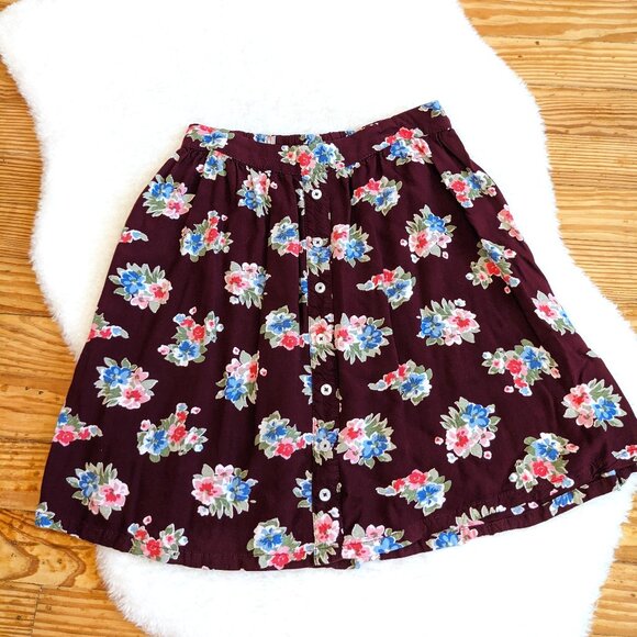 Hollister Burgundy Floral Rayon A Line Button Front Skirt - Picture 1 of 5
